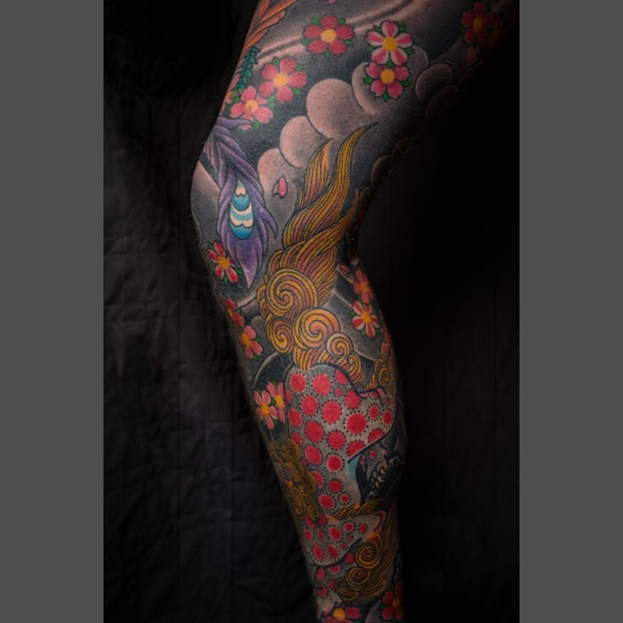 Close-up of womans leg showing her traditional japanese leg sleeve